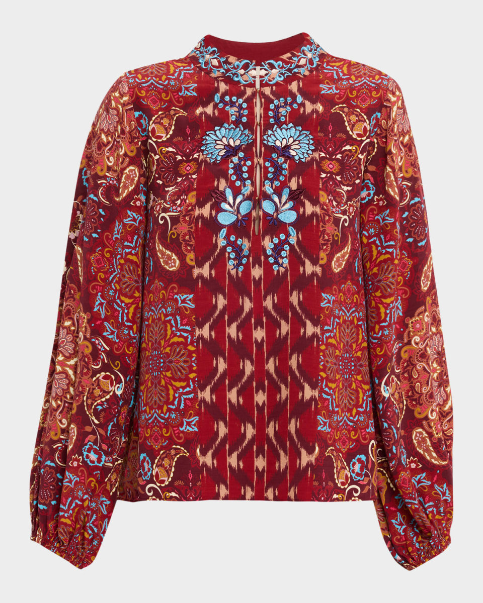 Kit Paisley-Print Balloon-Sleeve Top
